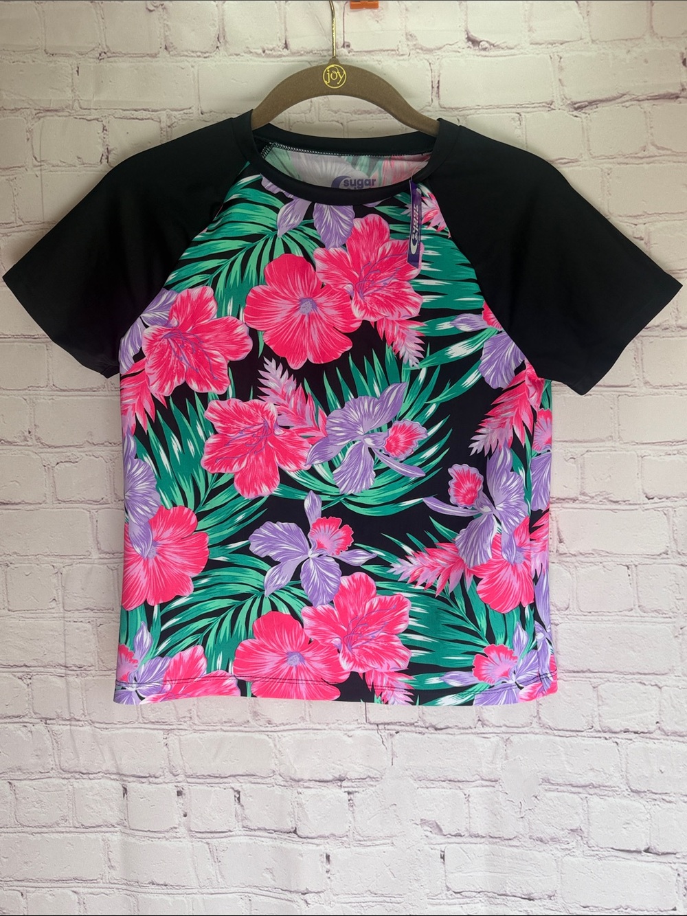 Sugar & Jade Kids Short Sleeve Hawaiian‎ Floral Swim Top - Black, Pink, Purple L